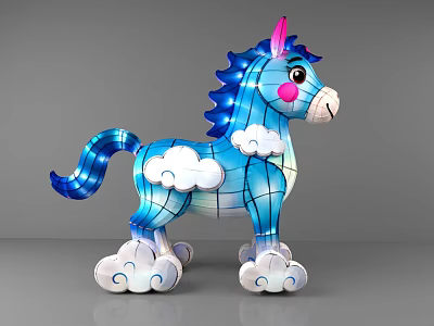 Lighted Blue Unicorn Art Installation with Pink Ears Cloud Decorations and Luminous Design 3d model