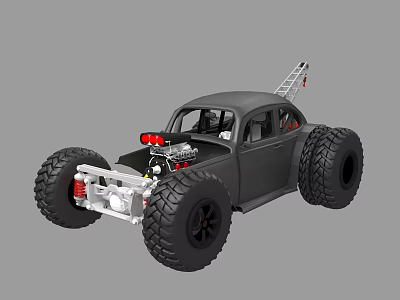 Black Modified Beetle Style Off Road Car With Large Tires Roof Ladder And Exposed Engine 3d model