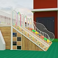 Kindergarten Outdoor Playground With Wooden Climbing Frames Colorful Rings White Fence And Green Floor