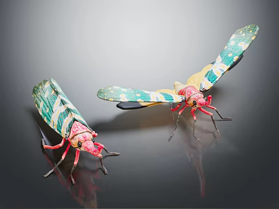 Colorful Insect Models with Green Yellow Patterned Wings Red Bodies Legs on Black Smooth Surface 3d model