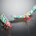 Colorful Insect Models with Green Yellow Patterned Wings Red Bodies Legs on Black Smooth Surface