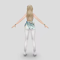 Woman With Blonde Hair In Light Blue Strapless Top White Tight Pants And White Boots
