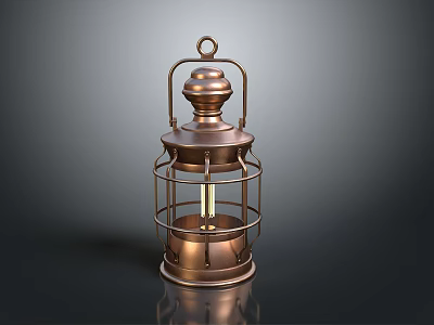 Vintage Copper Lantern With Handle Metal Frame Glass Shade And Light Bulb 3d model