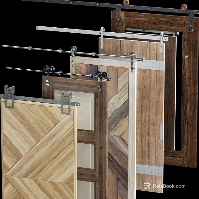 Wooden Sliding Barn Door Design With Textured Panels And Metal Hardware For Home Interior 3d model 