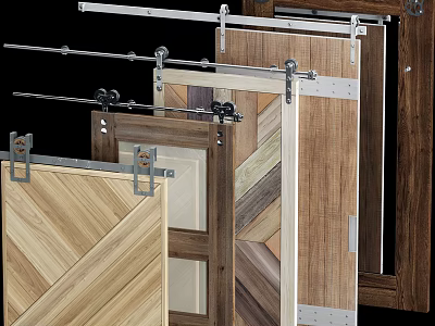 Wooden Sliding Barn Door Design With Textured Panels And Metal Hardware For Home Interior 3d model