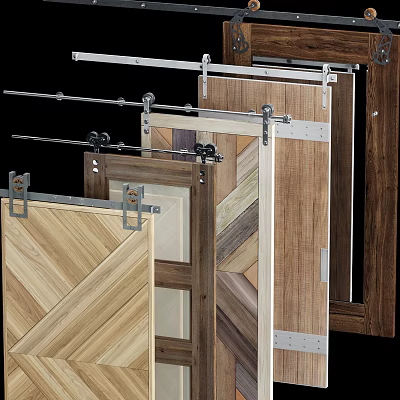 Wooden Sliding Barn Door Design With Textured Panels And Metal Hardware For Home Interior 3d model