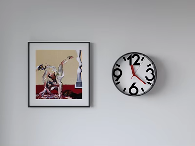 Round Wall Clock With White Dial Black Numbers Red Hands And Black Frame Near Painting 3d model