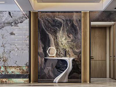 Modern Luxury Living Dining Room Interior With Marble Walls Wooden Elements And Sculptural Console Table 3d model