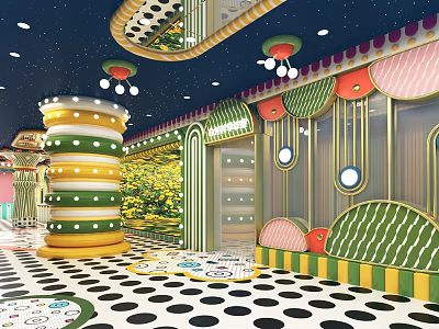 Vibrant Themed Interior With Polka Dot Floor Striped Columns And Hanging Lights 3d model