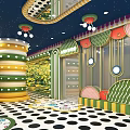 Vibrant Themed Interior With Polka Dot Floor Striped Columns And Hanging Lights
