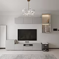 Modern Living Dining Room Interior with Beige Sofa White Refrigerator Chandelier Framed Artwork and Rug