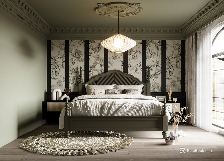 Elegant Green Bedroom Interior With Vintage Bed Frame Pendant Light And Wall Murals 3d model 