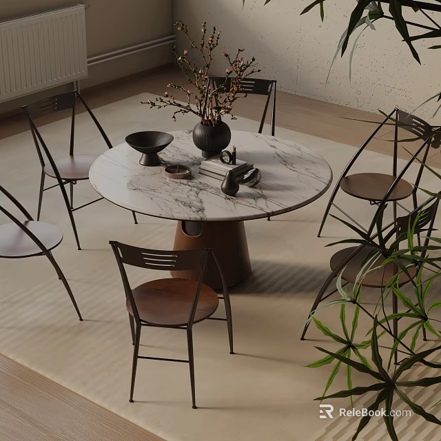Modern Round Marble Dining Table Set With Chairs Vase And Decorative Bowls 3d model 