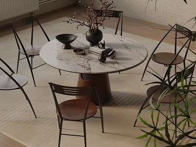 Modern Round Marble Dining Table Set With Chairs Vase And Decorative Bowls 3d model