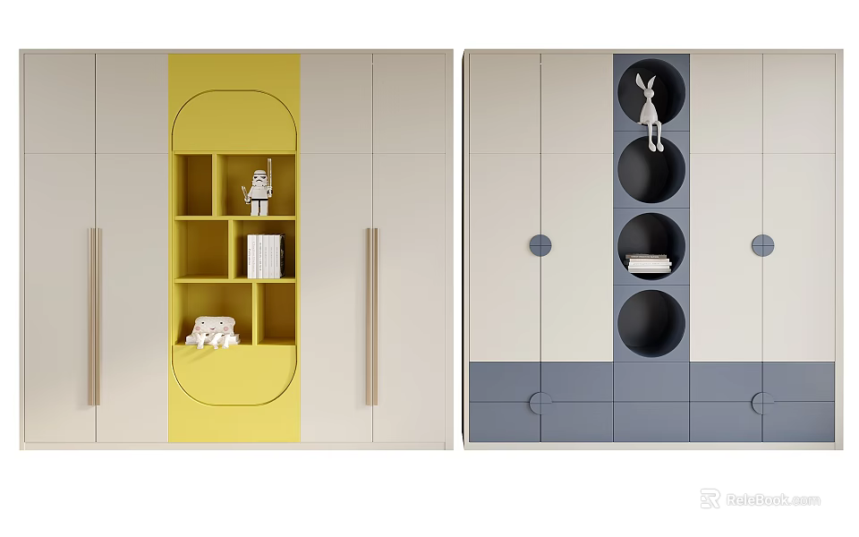 Modern Colored Wardrobe Design With Open Storage Compartments And Decorative Elements 3d model 