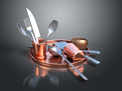 Copper Tableware Set With Knife Fork Spoon Cups And Tray On Reflective Surface 3d model