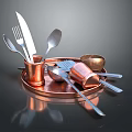 Copper Tableware Set With Knife Fork Spoon Cups And Tray On Reflective Surface 3d model