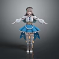 Fantasy Game Character Wearing Blue Skirt White Top Brown Hair Bow And Open Arms