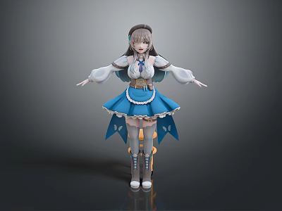 Fantasy Game Character Wearing Blue Skirt White Top Brown Hair Bow And Open Arms 3d model