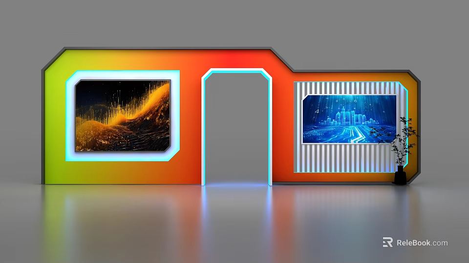 Colorful Background Wall With Neon Light Strips Digital Screens Striped Decor And Archway 3d model 