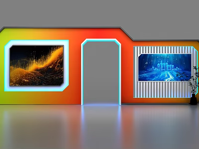 Colorful Background Wall With Neon Light Strips Digital Screens Striped Decor And Archway 3d model