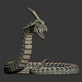 Green Horned Snake With Open Mouth And Coiled Blue White Patterned Body In Reflective Background