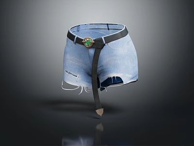 Denim Shorts with Distressed Design and Black Belt Featuring Green Gem Buckle 3d model