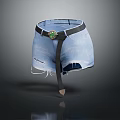 Denim Shorts with Distressed Design and Black Belt Featuring Green Gem Buckle