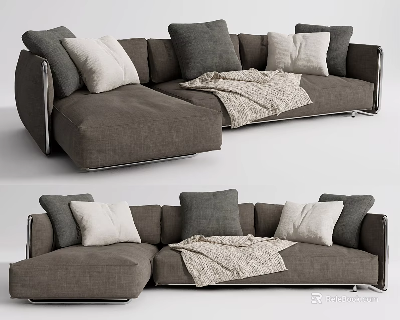 Modern Gray Sectional Sofa With Decorative Pillows And Soft Throw Blanket 3d model 