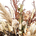 Natural Dried Flower Arrangement In Green Glass Vase With Beige Brown Blooms And Leaves