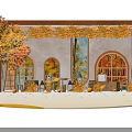 Autumn Themed Photo Spot With Wooden Frame Arched Windows Orange Leaves And Tables