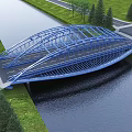 Modern Blue Steel Arch Bridge Spanning Canal With Green Grass Trees And Pathway
