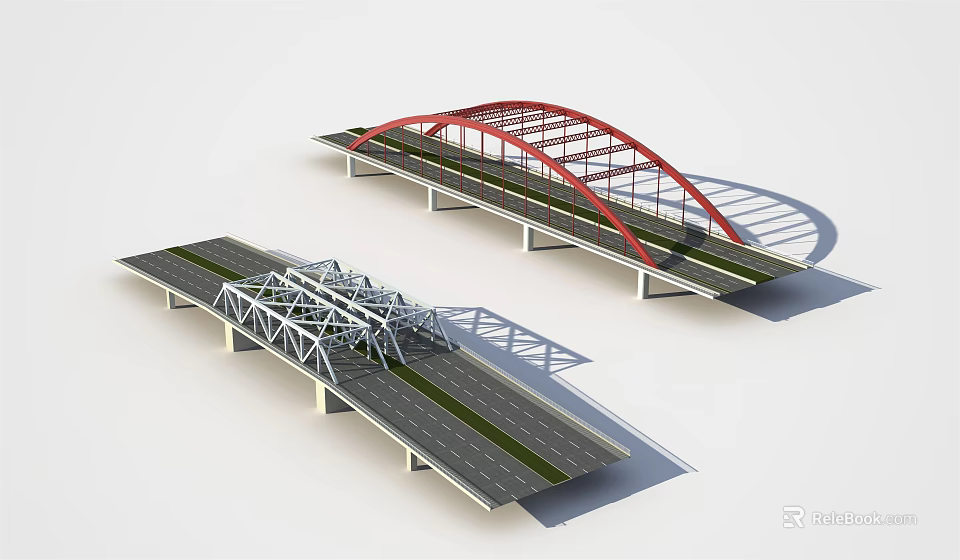Two Different Bridge Structures Red Arch And White Truss With Road Design 3d model 
