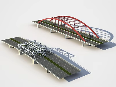 Two Different Bridge Structures Red Arch And White Truss With Road Design 3d model