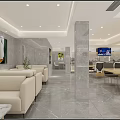 Modern Restaurant Entrance Hall Featuring Silver Turnstiles Marble Columns And Green Billboard