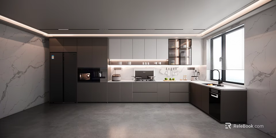 Modern Kitchen Interior Design With Gray Cabinets Countertop And Appliances 3d model 