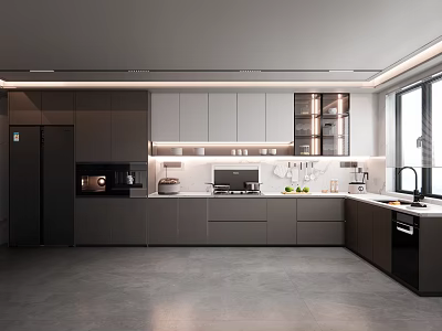 Modern Kitchen Interior Design With Gray Cabinets Countertop And Appliances 3d model