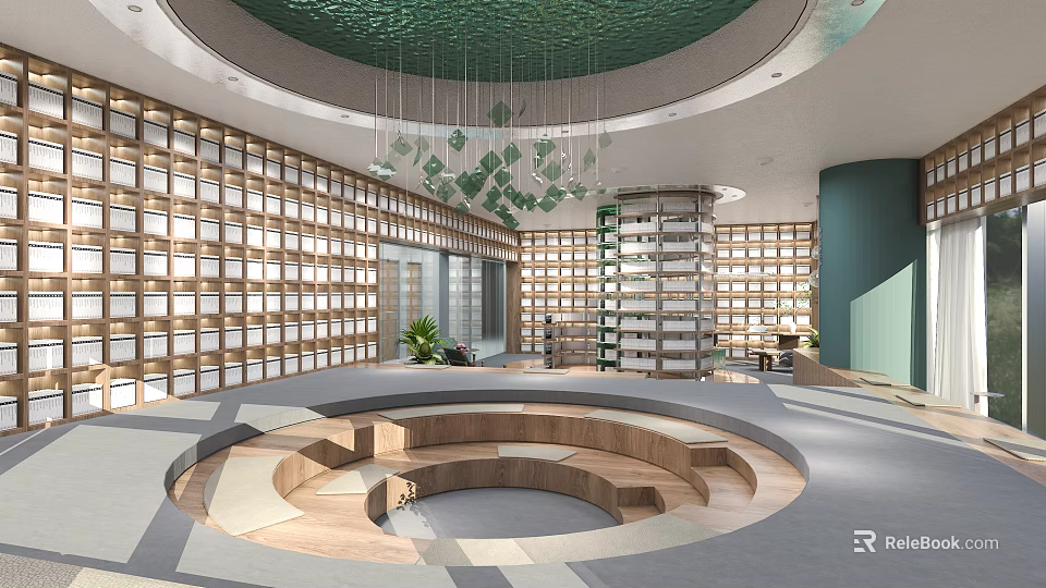 Artistic Library Space With Circular Layout And Bookshelves 3d model 
