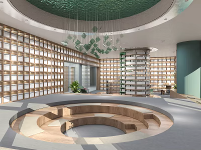 Artistic Library Space With Circular Layout And Bookshelves 3d model