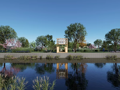 Scenic Riverside View With Lush Trees Wooden Pavilion And Water Reflection 3d model
