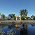 Scenic Riverside View With Lush Trees Wooden Pavilion And Water Reflection