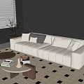 Modern Beige Velvet Sofa with Pillows and Wooden Coffee Table Set on Geometric Rug