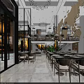 Modern Restaurant Interior With Open Space Glass Windows Hanging Lamps And Dining Tables Chairs