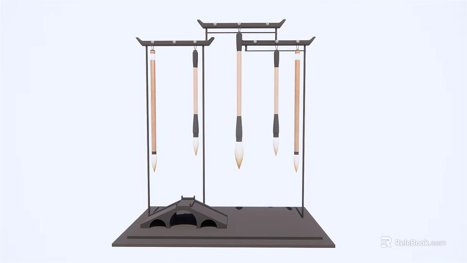 Traditional Chinese Style Decorative Ornament Set With Hanging Brushes And Wooden Base 3d model 