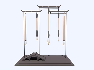 Traditional Chinese Style Decorative Ornament Set With Hanging Brushes And Wooden Base 3d model