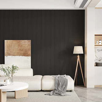 Nordic Living Room-Grille Board Background Wall-Modern Sofa-Floor Lamp-Coffee Table 3d model