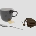 Hot Coffee In Black Mug With Spilled Stain Chocolate Pieces And Spoon On Wooden Table