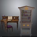 Home Interior Wooden Desk Chair Purple Cushion And Decorative Bookshelf With Books