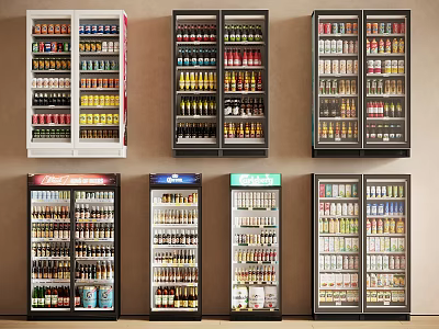 Various Beverage Coolers Filled With Assorted Drinks And Bottles In Retail Setup 3d model