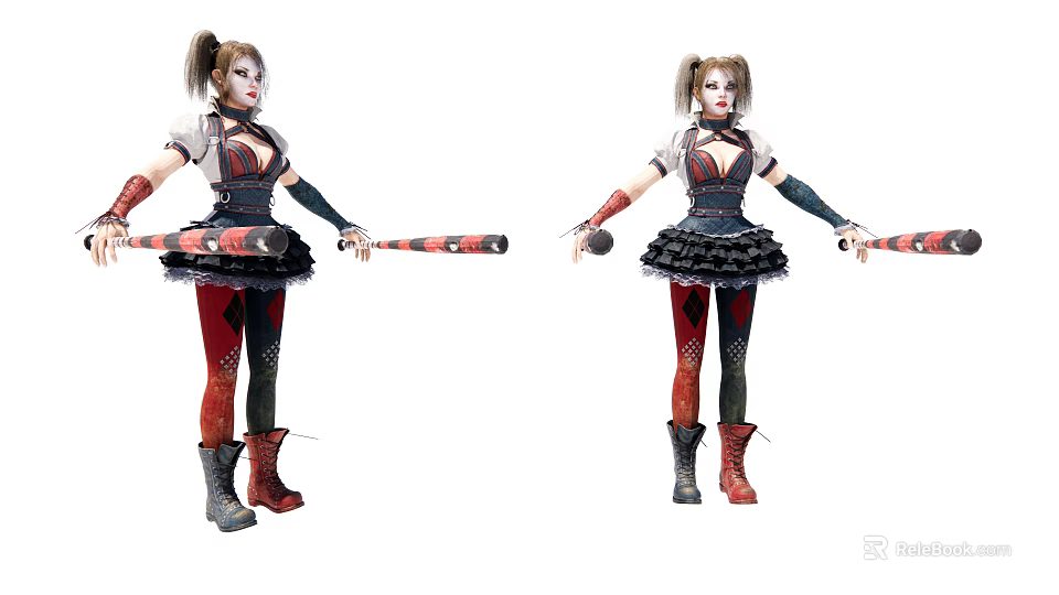 Game Movie Character With Pigtails Red Black Outfit Holding Baseball Bat 3d model 